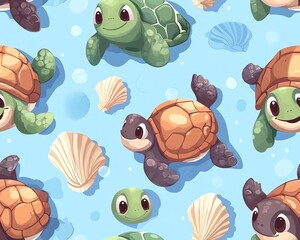 Cute cartoon sea turtles with seashells on a white background. Perfect for children's products, fabrics, and more.