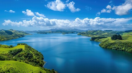 Fototapeta premium Serene landscape of lake surrounded by rolling green hills, tranquil atmosphere