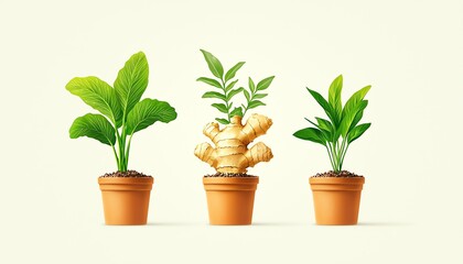 Fototapeta premium Three vibrant potted plants on a light background, showcasing fresh greenery and rich soil for a refreshing indoor garden vibe.