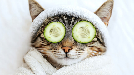 Tabby cat wrapped in a white towel with cucumber slices on its eyes, mimicking a spa treatment. The cat appears relaxed, lying on a soft surface, evoking a peaceful and playful vibe