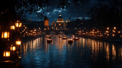 Serene riverside view at night with glowing lanterns.