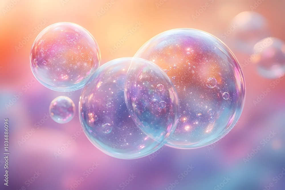 Poster a collection of iridescent soap bubbles floating softly against a dreamy pastel background, creating