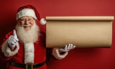 Jolly Santa Claus holding a blank scroll with thumbs up on a festive red background, embodying the joyful Christmas spirit and holiday cheer