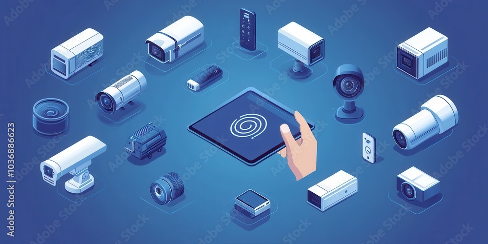 Poster isometric graphic illustration of various security camera types with digital tablet showing interfac