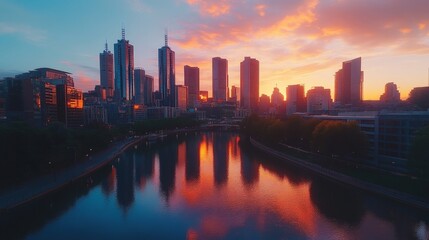 Fototapeta premium A drone shot of a modern city skyline at dusk, with reflections of skyscrapers shimmering on a nearby river and the sky painted in warm tones of orange and pink.