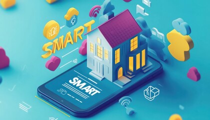 Futuristic smart home technology concept with a digital house interface and mobile phone integration