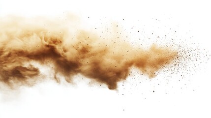 A dynamic cloud of sand dust with small particles flying in random directions, simulating the chaotic energy of a sandstorm, set against a white background for clarity.