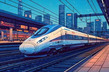 Fototapeta premium A sleek high-speed train glides through a bustling urban station at dusk, lights reflecting off its polished exterior, showcasing an efficient mode of transportation.
