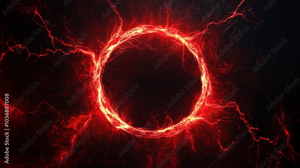 Aufkleber a dynamic red abstract circle of swirling plasma lightning, with glowing particles radiating outward