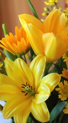 Bright and cheerful yellow flowers arranged beautifully in a vase, capturing spring's essence