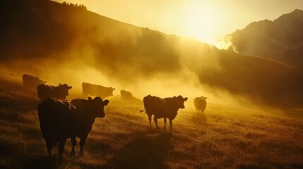 A dynamic shot of cows walking across an alpine field at dawn, their silhouettes framed against the soft, golden light of the rising sun and mist rolling through the valley.
