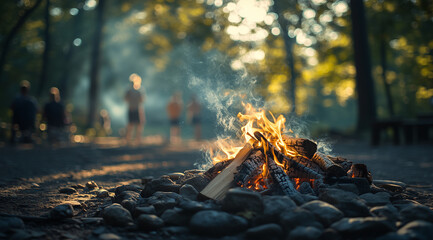 A campfire in the woods with smoke rising from it, blurred people walking away in the background. In front of the firewood and rocks,