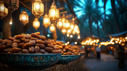  International Date Festival, night view with lantern-lit date stalls, dates glistening under the soft light, local vendors in traditional attire serving dates on beautiful ceram
