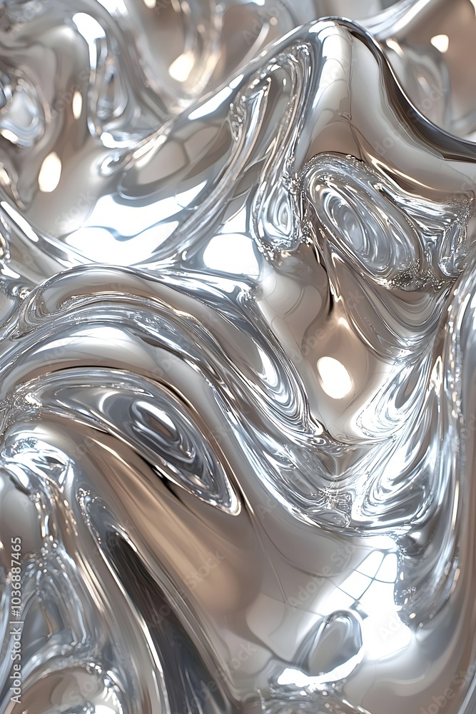 Poster an abstract close-up of a fluid, metallic surface, showcasing shiny, undulating waves with smooth re