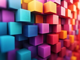 Fototapeta premium Colorful 3D cubes in vibrant shades of blue, purple, orange, and red create a dynamic and playful visual, evoking a sense of fun and creativity.
