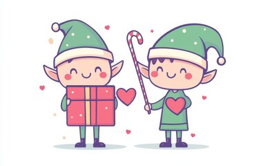 Fototapeta premium Cartoon illustration of two cute elves exchanging Christmas gifts and candy canes on a white background, filled with holiday cheer and festive spirit