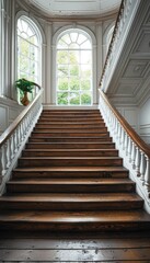 Fototapeta premium Wooden Staircase with White Banisters and a Window View