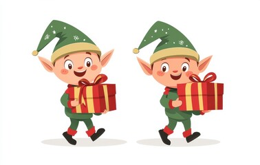 Obraz premium Adorable cartoon elves in green outfits carrying colorful Christmas presents, captured in charming clip art style