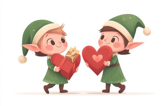 elf kids holding red hearts and gifts clip art preview