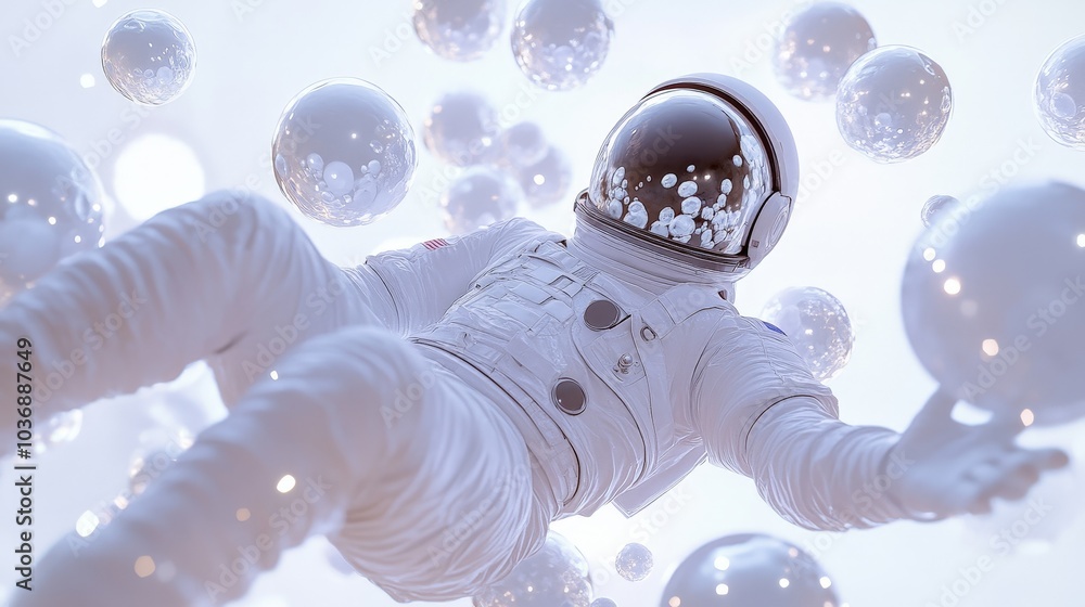 Poster a floating astronaut wearing a detailed white spacesuit, surrounded by bubbles that reflect hints of