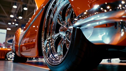orange sports car showcasing polished chrome and sleek tires at an auto show shows off its intricate wheel design