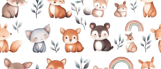 Obraz premium Cute watercolor seamless pattern with woodland animals: fox, deer, bear, rabbit, and rainbow. Perfect for kids' design, textile, and nursery decor.