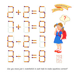 Logic puzzle game with matches. Can you move just 1 matchstick in each task to make equations correct? Exercises on addition and subtraction. Brain teaser for developing spatial thinking. Vector image