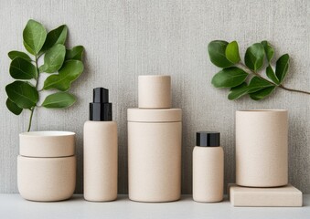 A modern display of eco-friendly skincare containers accompanied by leaves, showcasing sustainable design and natural aesthetics against a textured background.