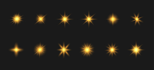 Flashing lights. Vector glow sparkle effect: glitter, explosion, spark, glowing starlight—isolated yellow light effects. A glitter magic stars spark on a black background. 	