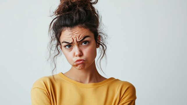 A frustrated woman with her head slightly tilted, rolling her eyes in discontent, framed against a plain light-colored background, emphasizing her displeasure.
