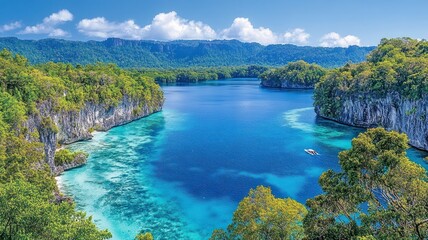 Naklejka premium Serene tropical landscape with clear blue waters.