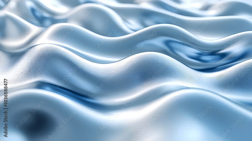 Poster an abstract image depicting smooth, flowing waves of shimmering blue fabric, creating a serene and c