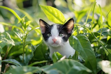 Curious kitten peeking through vibrant greenery in a sunlit garden