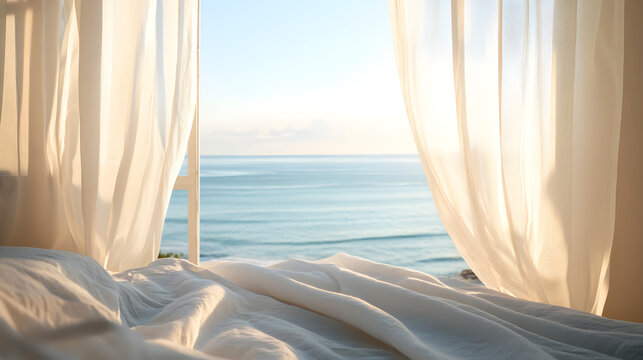 Fototapeta Serene ocean scene seen from cozy bedroom window featuring fluffy white clouds in the sky.