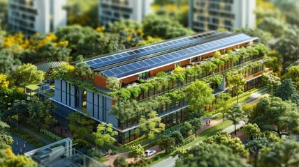 Eco-Friendly High-Rise Under Construction with Green Walls and Solar Panels.