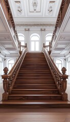 Ornate Wooden Staircase in a Grand Hall with High Ceilings and Windows