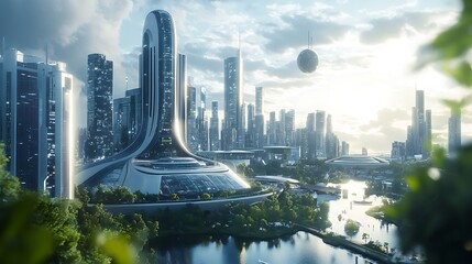 Naklejka premium Futuristic city with skyscrapers and calm lake illustration