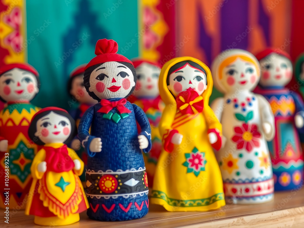 Wall mural A group of dolls are sitting on a table, some of them are wearing colorful clothing. The dolls are arranged in a row, with some of them looking at the camera. The scene gives off a warm