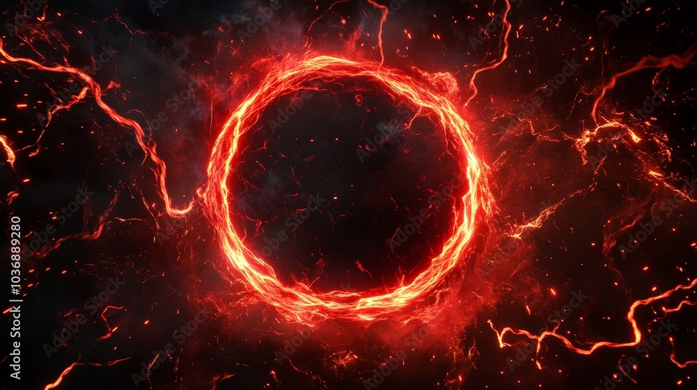 Poster a glowing red abstract plasma circle with swirling lightning and sparks, floating on a dark black ba