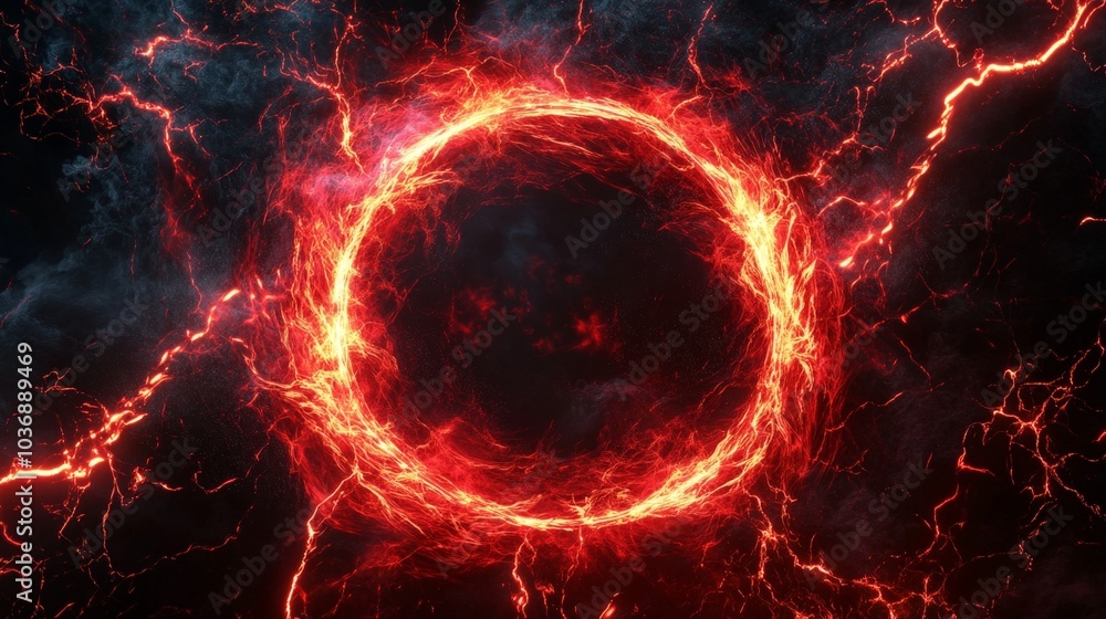 Poster a glowing red plasma ring with swirling lightning and particles, creating a captivating energy effec
