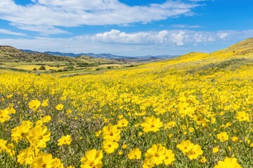 Obraz premium Vivid wildflower fields stretch across rolling hills under a bright blue sky in spring
