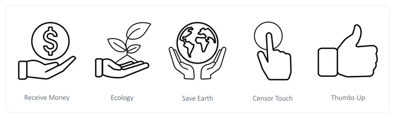A set of 5 mix icons as receive money, ecology, save earth