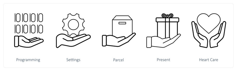 A set of 5 mix icons as programming, settings, parcel