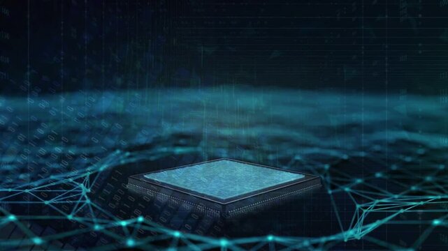 Animated microchip in a digital grid with flowing binary code, representing futuristic technology, AI, and data processing.