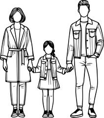 Black Line Art Happy Father and Son with Family Hand Drawn Illustration