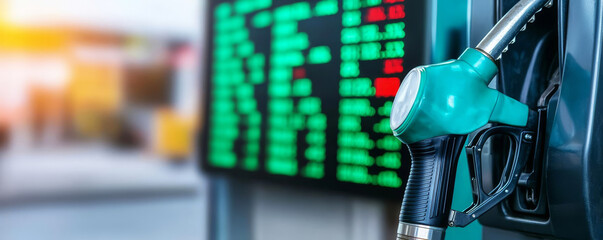 A close-up of a fuel pump nozzle beside a price display board, indicating gasoline prices at a fuel station during a sunny day.