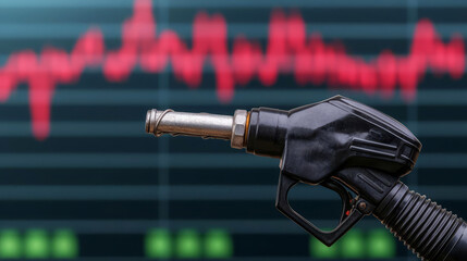 Fototapeta premium A fuel pump nozzle is shown in front of a fluctuating red graph, symbolizing the dynamics of fuel prices and market trends.
