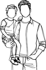 Black Line Art Happy Father and Son with Family Hand Drawn Illustration