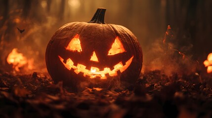 A forest filled with pumpkins with their mouths open and glowing in the dark. Scene is spooky and eerie