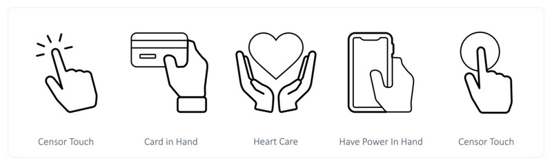 A set of 5 mix icons as censor touch, cash in hand, heart care